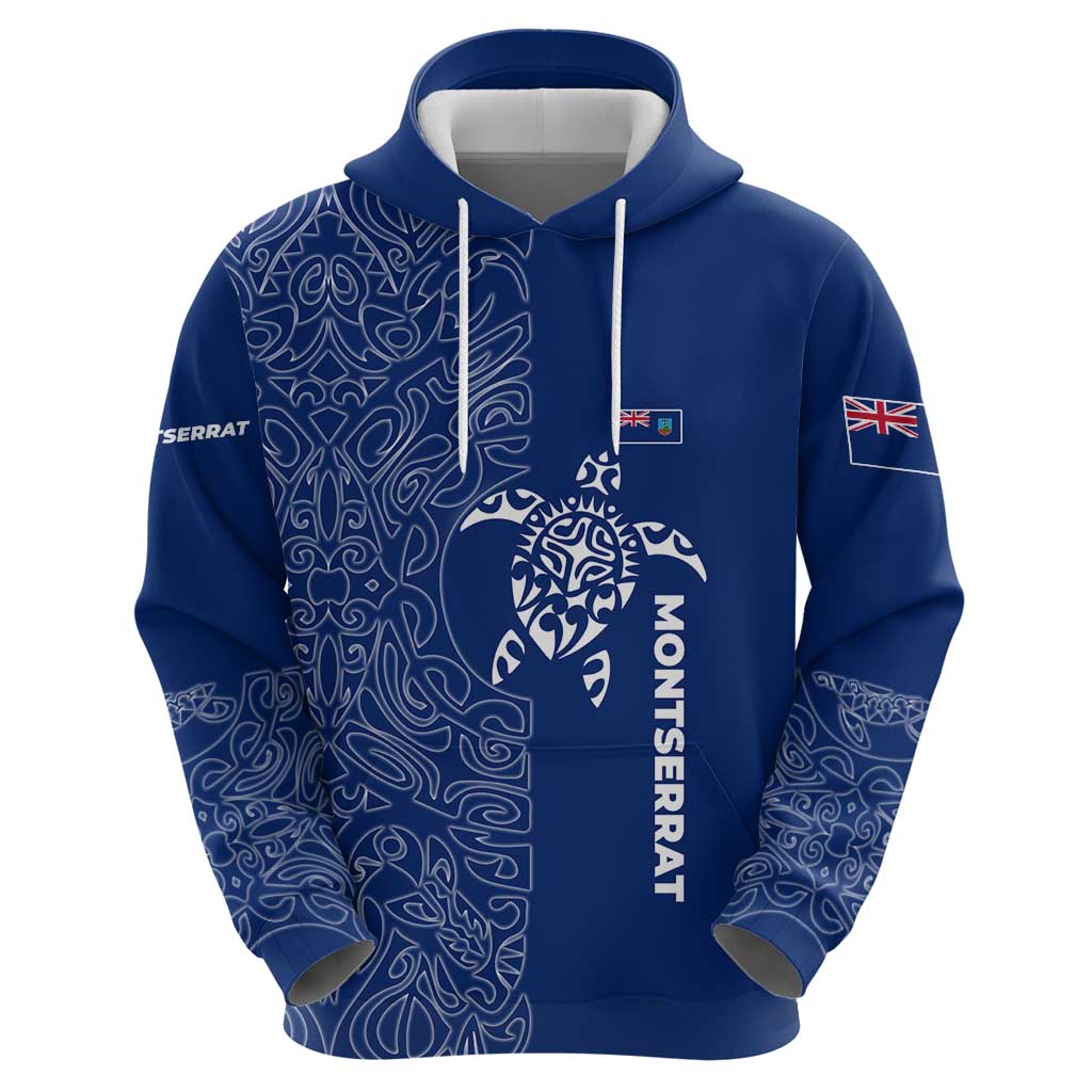 Montserrat Hoodie with Tribal Sea Turtle Illustration Blue Polynesian Pattern Design TS04