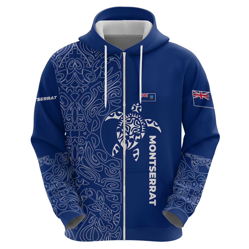 Montserrat Hoodie with Tribal Sea Turtle Illustration Blue Polynesian Pattern Design TS04