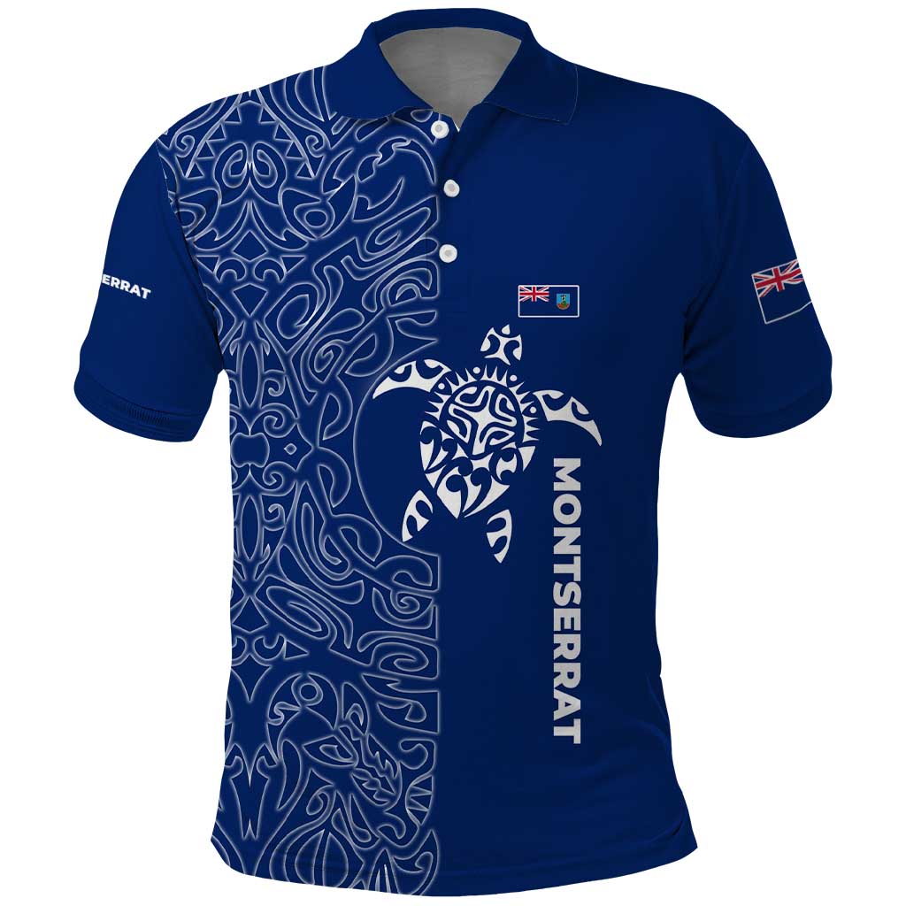Montserrat Polo Shirt with Tribal Sea Turtle Illustration Blue Polynesian Pattern Design TS04
