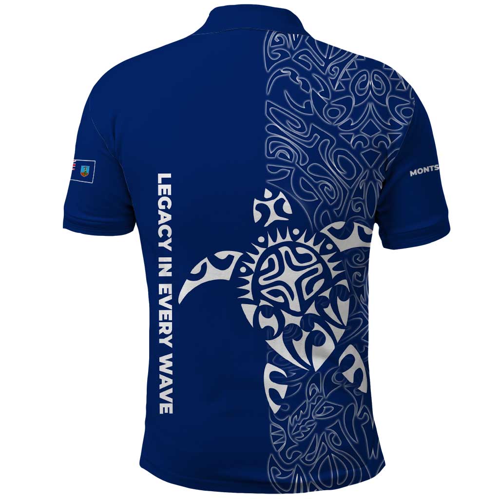 Montserrat Polo Shirt with Tribal Sea Turtle Illustration Blue Polynesian Pattern Design TS04