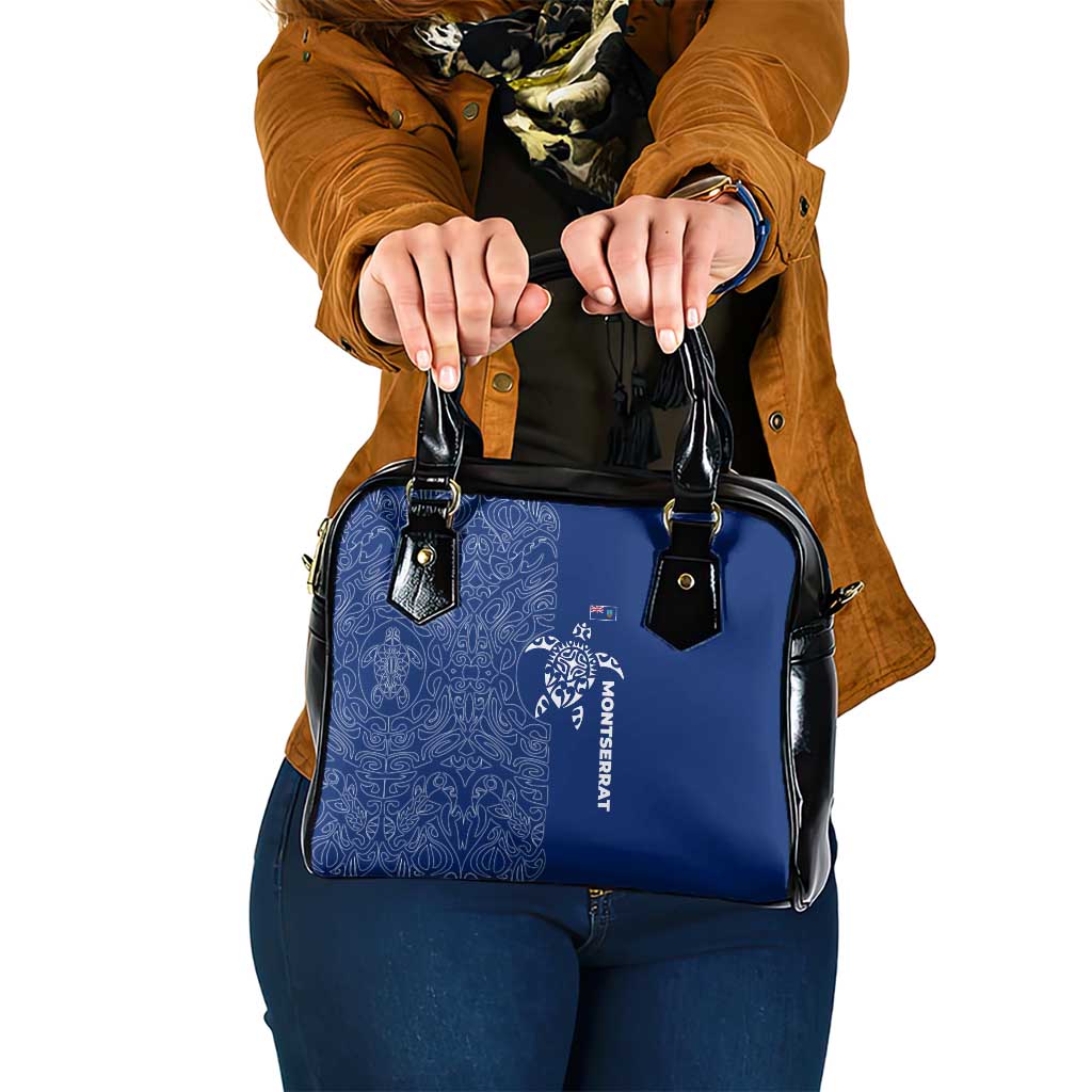 Montserrat Shoulder Handbag with Tribal Sea Turtle Illustration Blue Polynesian Pattern Design TS04