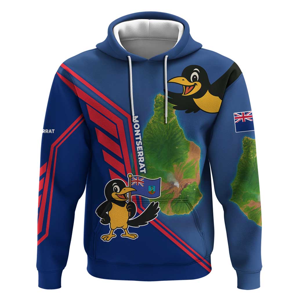 Montserrat Hoodie with Cartoon Bird and Island Map Blue Red Stripe Design TS04