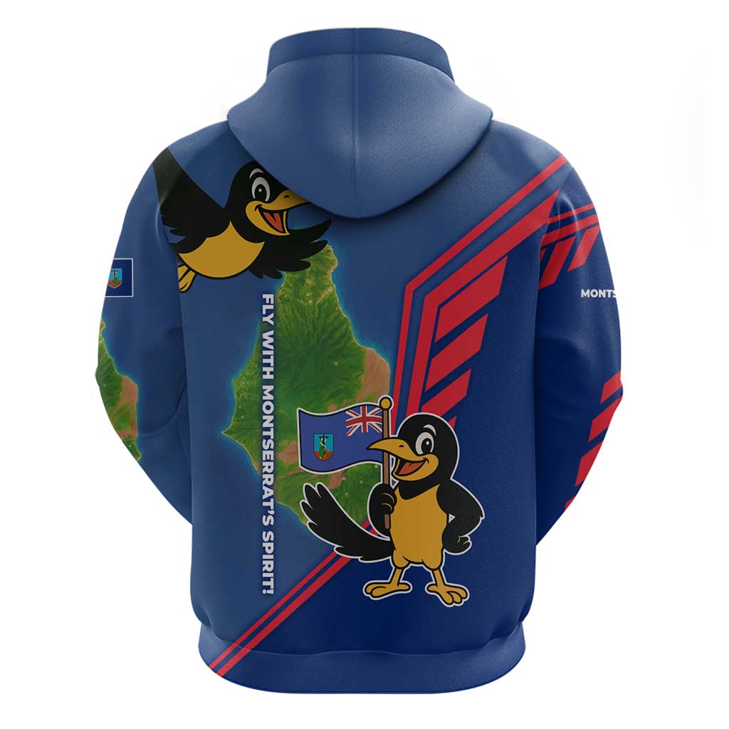 Montserrat Hoodie with Cartoon Bird and Island Map Blue Red Stripe Design TS04