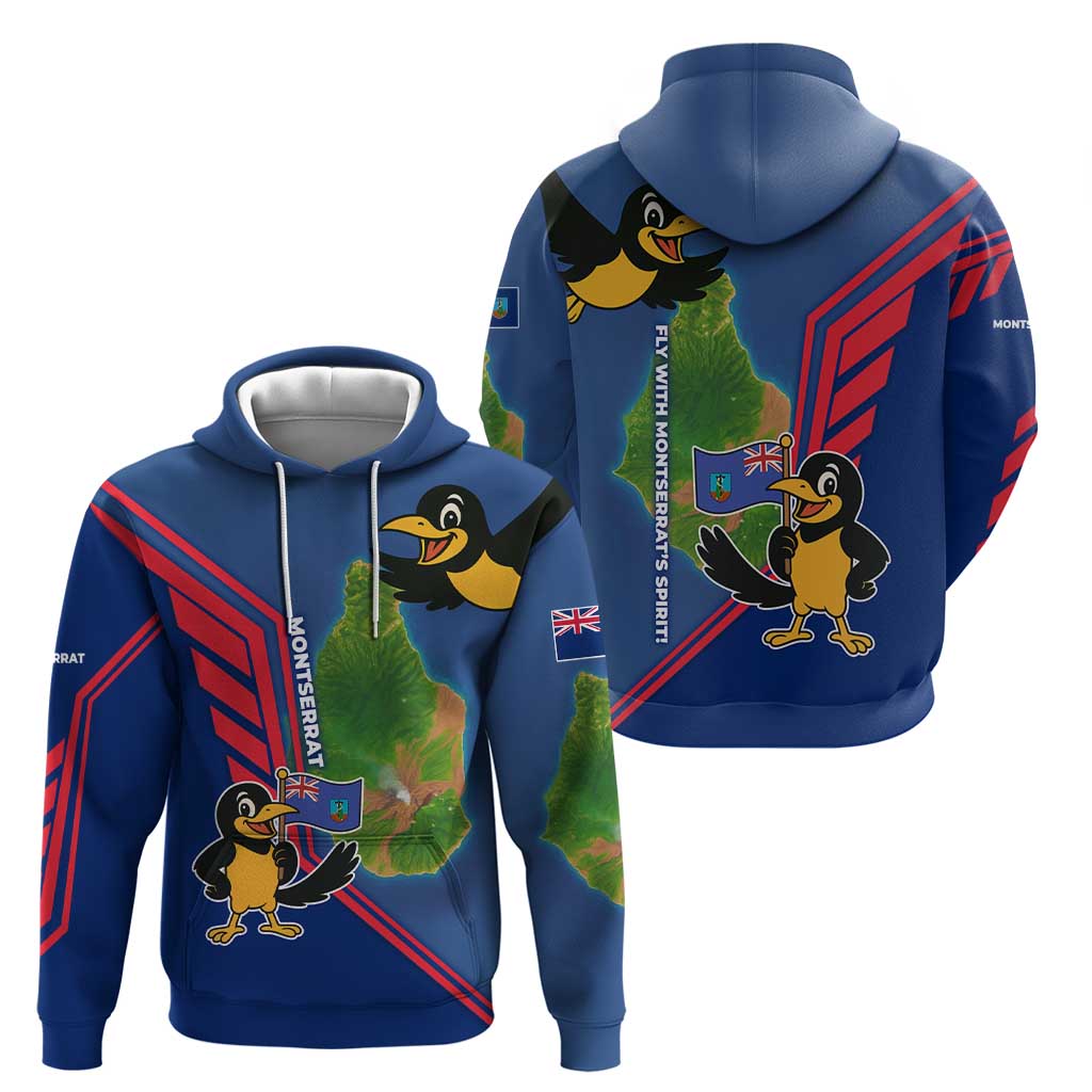 Montserrat Hoodie with Cartoon Bird and Island Map Blue Red Stripe Design TS04
