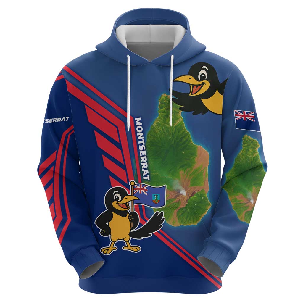 Montserrat Hoodie with Cartoon Bird and Island Map Blue Red Stripe Design TS04