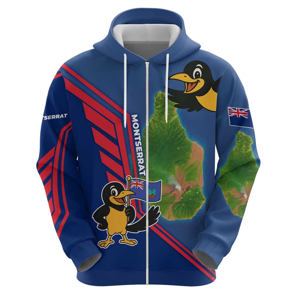 Montserrat Hoodie with Cartoon Bird and Island Map Blue Red Stripe Design TS04