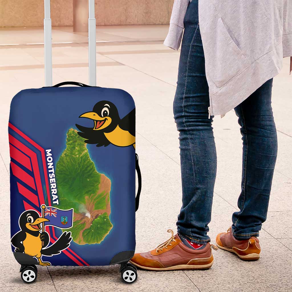 Montserrat Luggage Cover with Cartoon Bird and Island Map Blue Red Stripe Design TS04