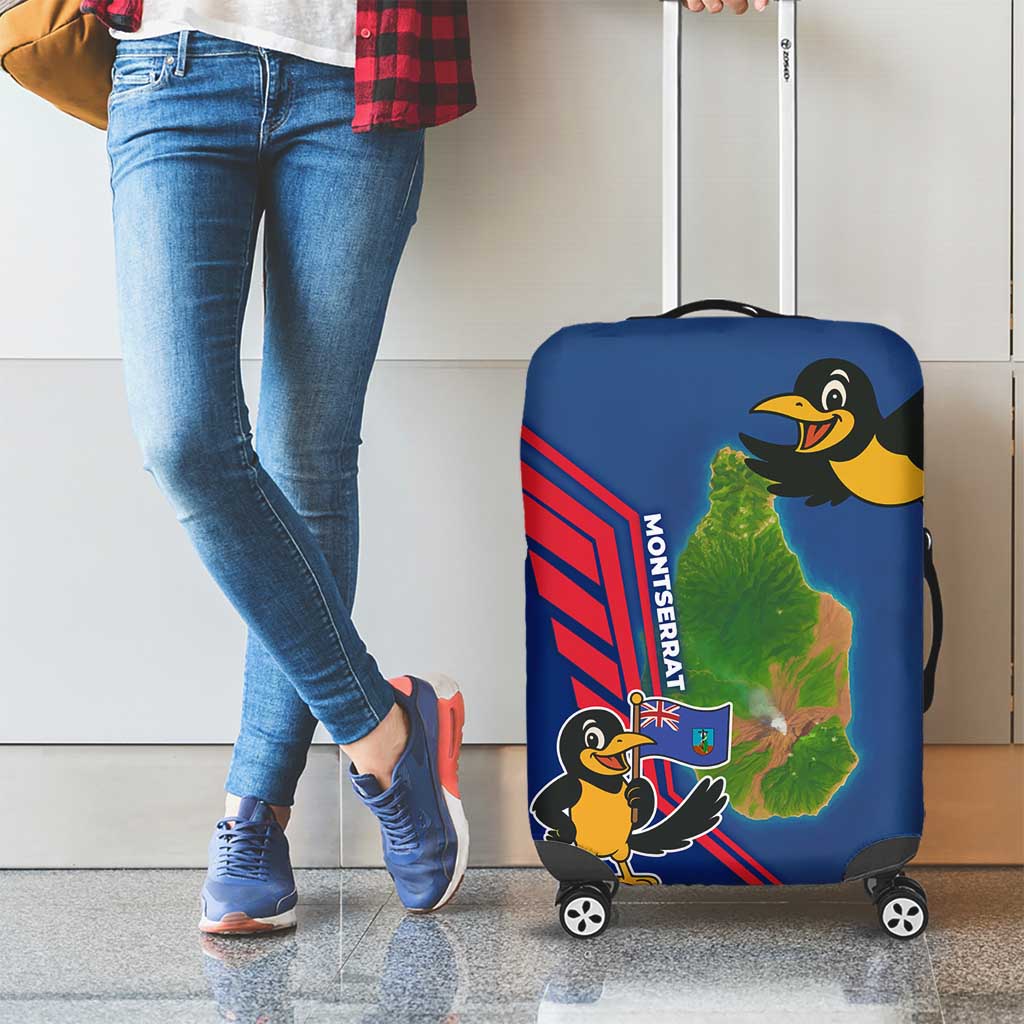 Montserrat Luggage Cover with Cartoon Bird and Island Map Blue Red Stripe Design TS04