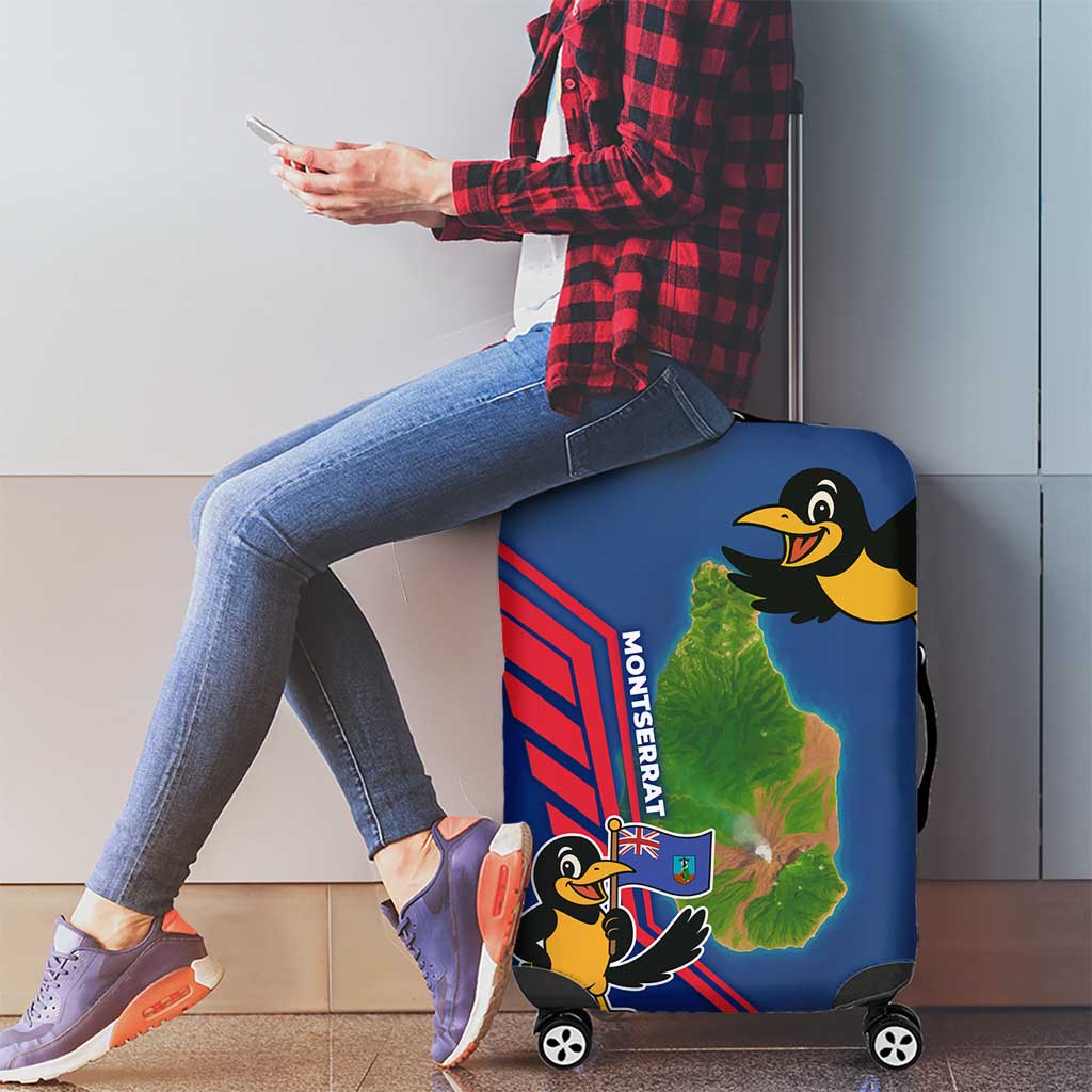 Montserrat Luggage Cover with Cartoon Bird and Island Map Blue Red Stripe Design TS04