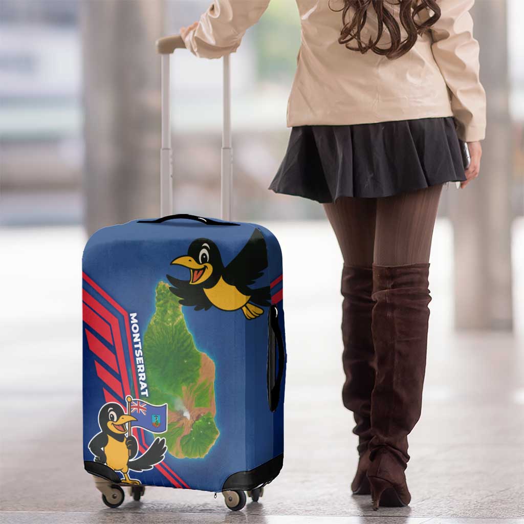 Montserrat Luggage Cover with Cartoon Bird and Island Map Blue Red Stripe Design TS04