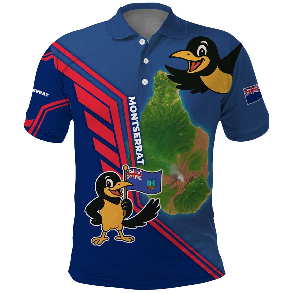 Montserrat Polo Shirt with Cartoon Bird and Island Map Blue Red Stripe Design TS04