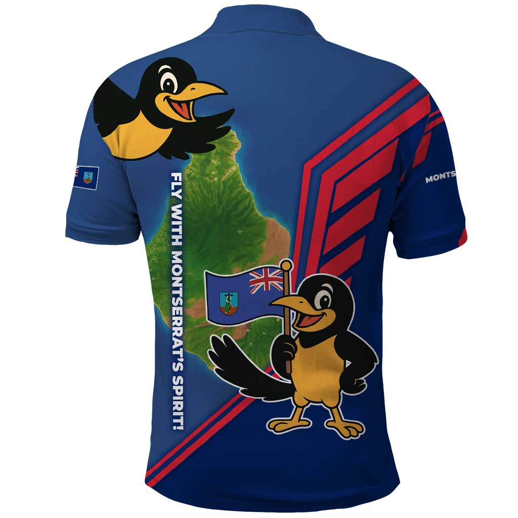 Montserrat Polo Shirt with Cartoon Bird and Island Map Blue Red Stripe Design TS04
