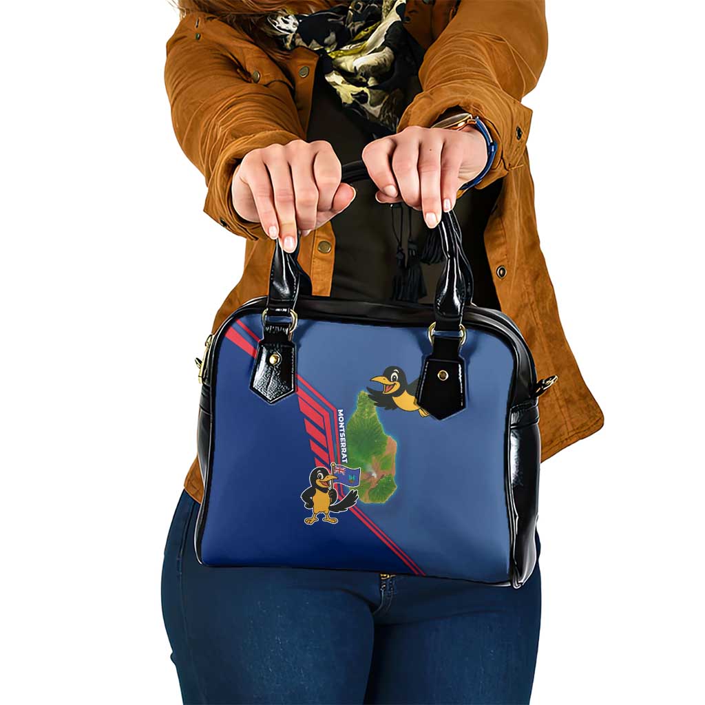 Montserrat Shoulder Handbag with Cartoon Bird and Island Map Blue Red Stripe Design TS04