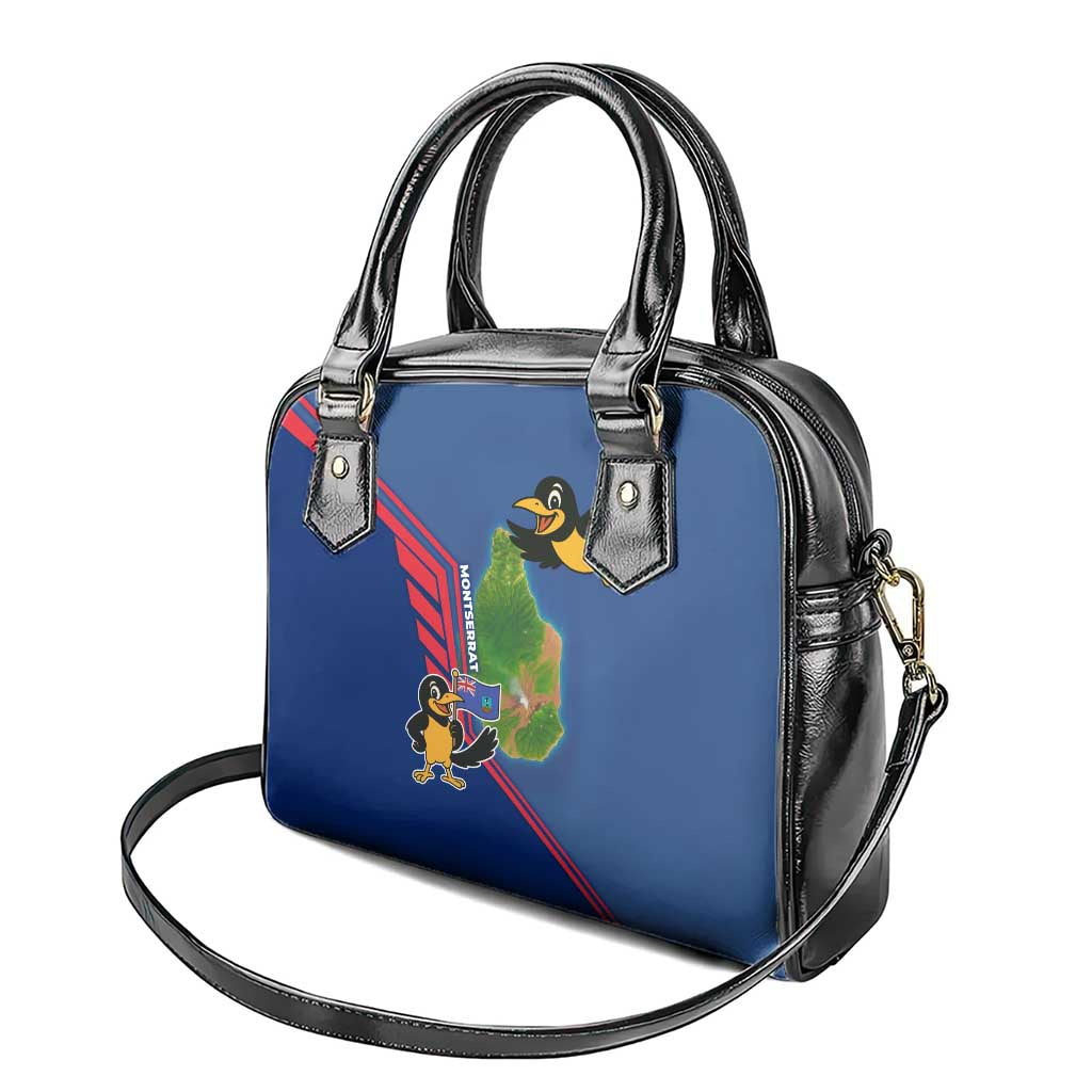 Montserrat Shoulder Handbag with Cartoon Bird and Island Map Blue Red Stripe Design TS04