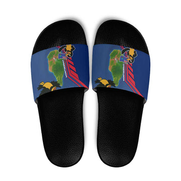 Montserrat Slide Sandals with Cartoon Bird and Island Map Blue Red Stripe Design TS04