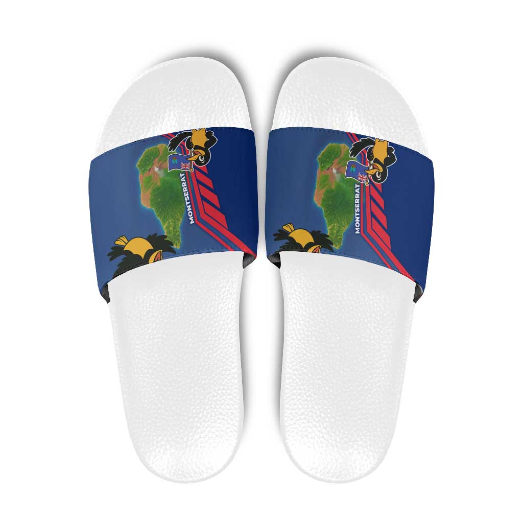 Montserrat Slide Sandals with Cartoon Bird and Island Map Blue Red Stripe Design TS04