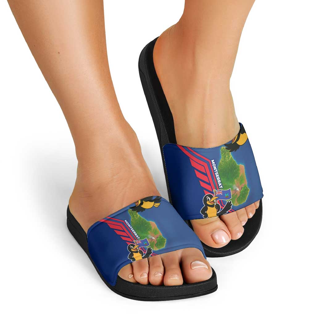 Montserrat Slide Sandals with Cartoon Bird and Island Map Blue Red Stripe Design TS04