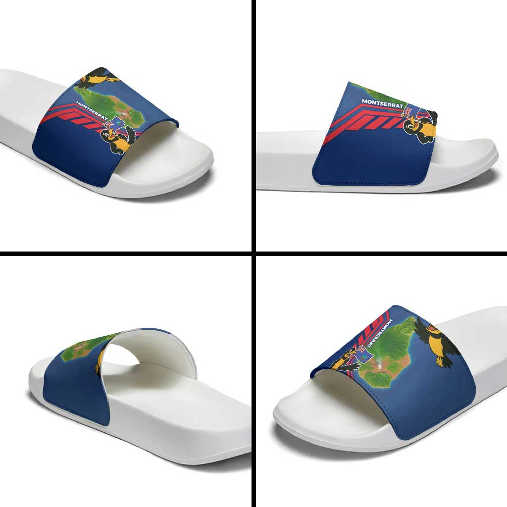 Montserrat Slide Sandals with Cartoon Bird and Island Map Blue Red Stripe Design TS04