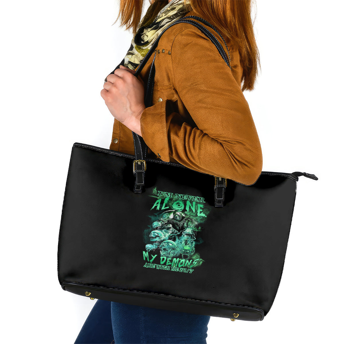 I'm Never Alone Skull Reaper Leather Tote Bag TS04
