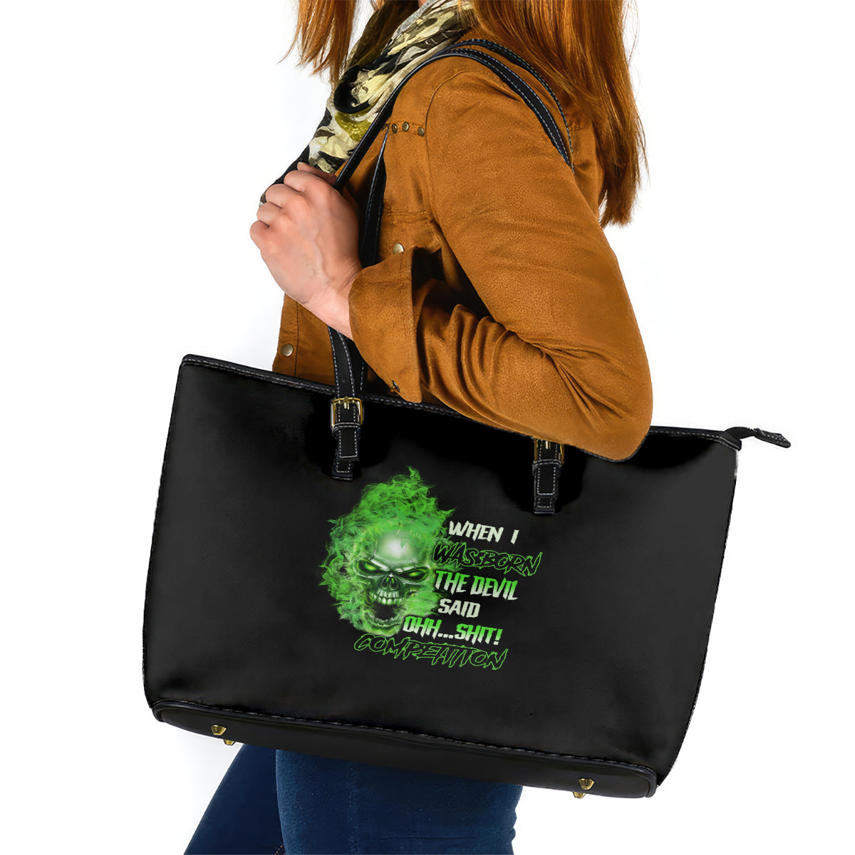 When I Was Born Skull Leather Tote Bag TS04