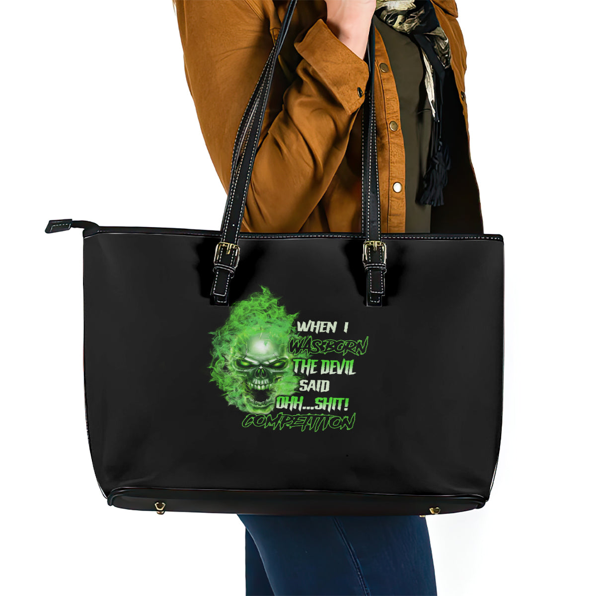 When I Was Born Skull Leather Tote Bag TS04
