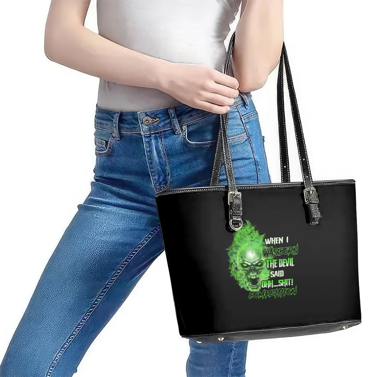 When I Was Born Skull Leather Tote Bag TS04