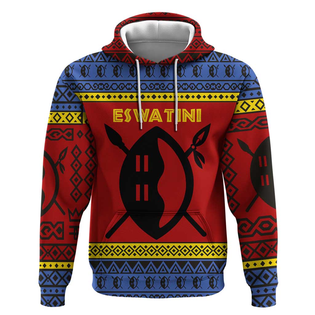 Eswatini Flag Hoodie with Traditional Shield Spear and Cultural Pattern Design TS04