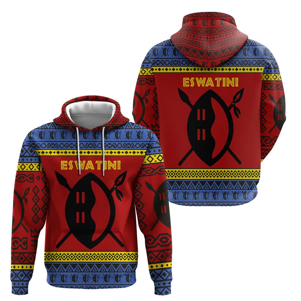 Eswatini Flag Hoodie with Traditional Shield Spear and Cultural Pattern Design TS04