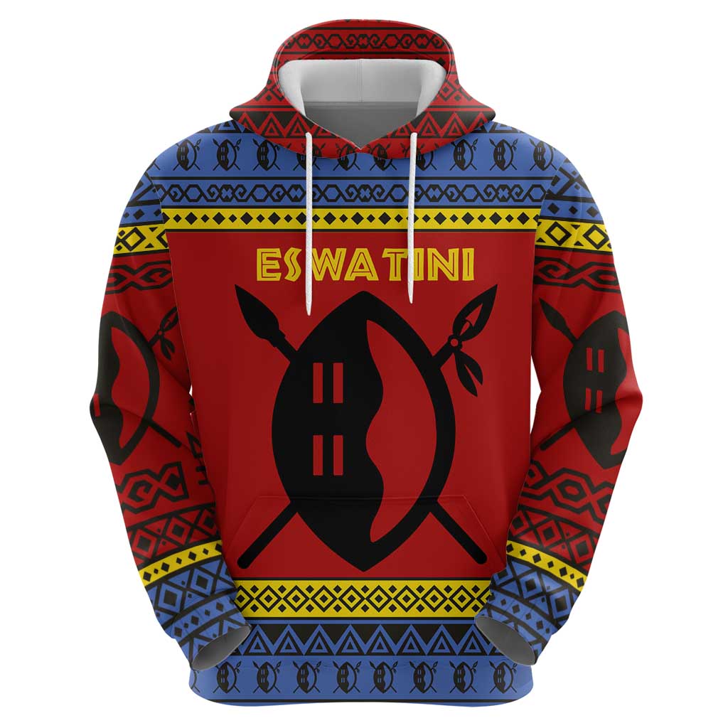 Eswatini Flag Hoodie with Traditional Shield Spear and Cultural Pattern Design TS04