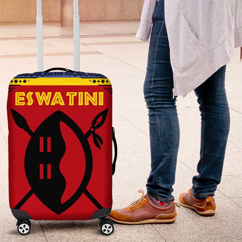 Eswatini Flag Luggage Cover with Traditional Shield Spear and Cultural Pattern Design TS04