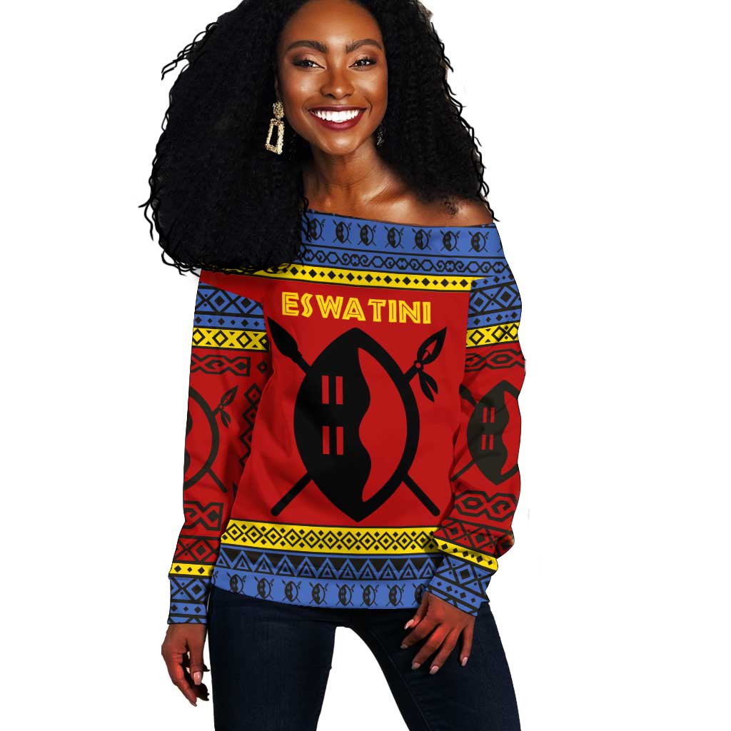 Eswatini Flag Off Shoulder Sweater Nguni Shield Spear Pattern TS04