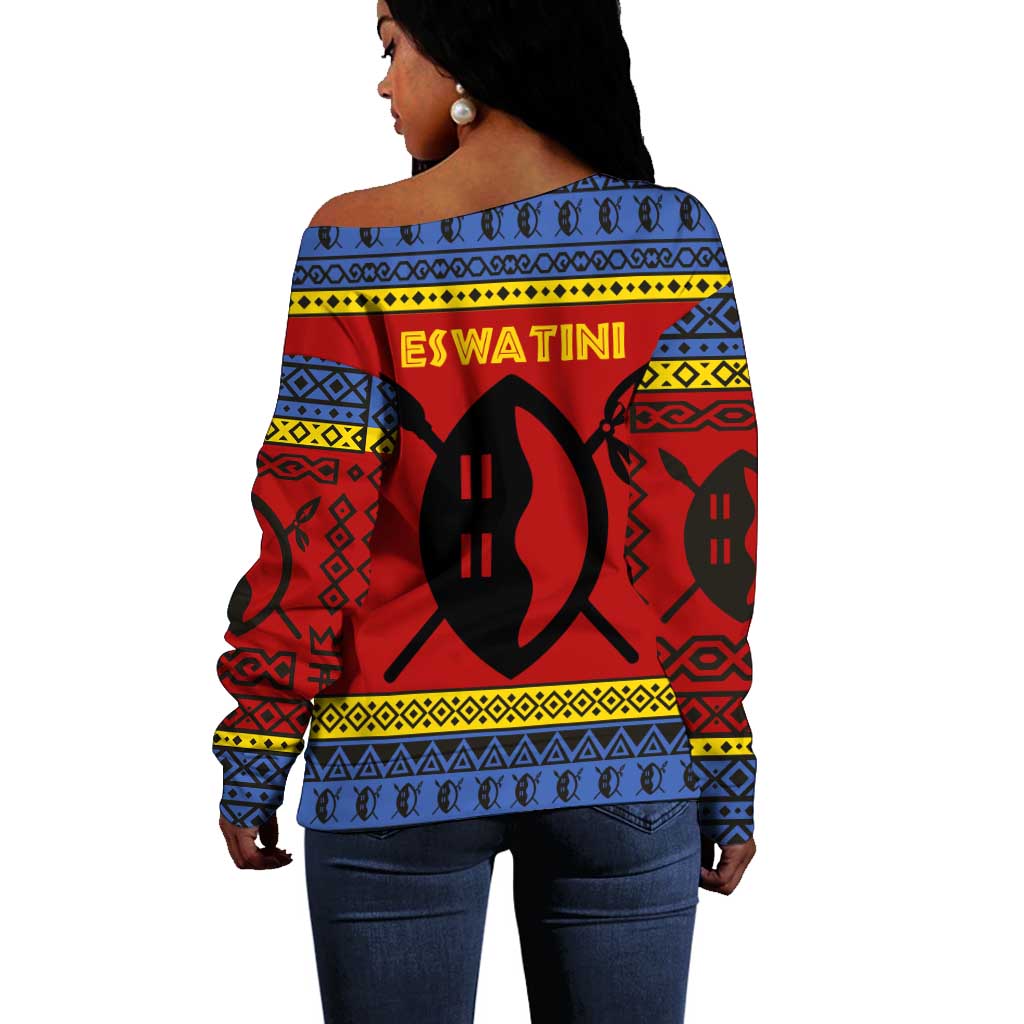 Eswatini Flag Off Shoulder Sweater Nguni Shield Spear Pattern TS04