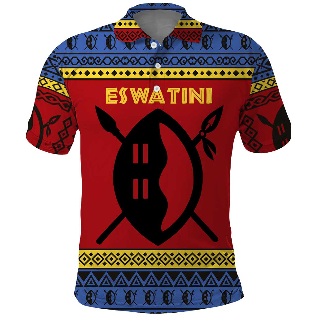 Eswatini Flag Polo Shirt with Traditional Shield Spear and Cultural Pattern Design TS04
