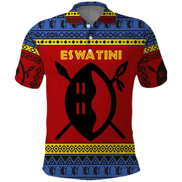 Eswatini Flag Polo Shirt with Traditional Shield Spear and Cultural Pattern Design TS04