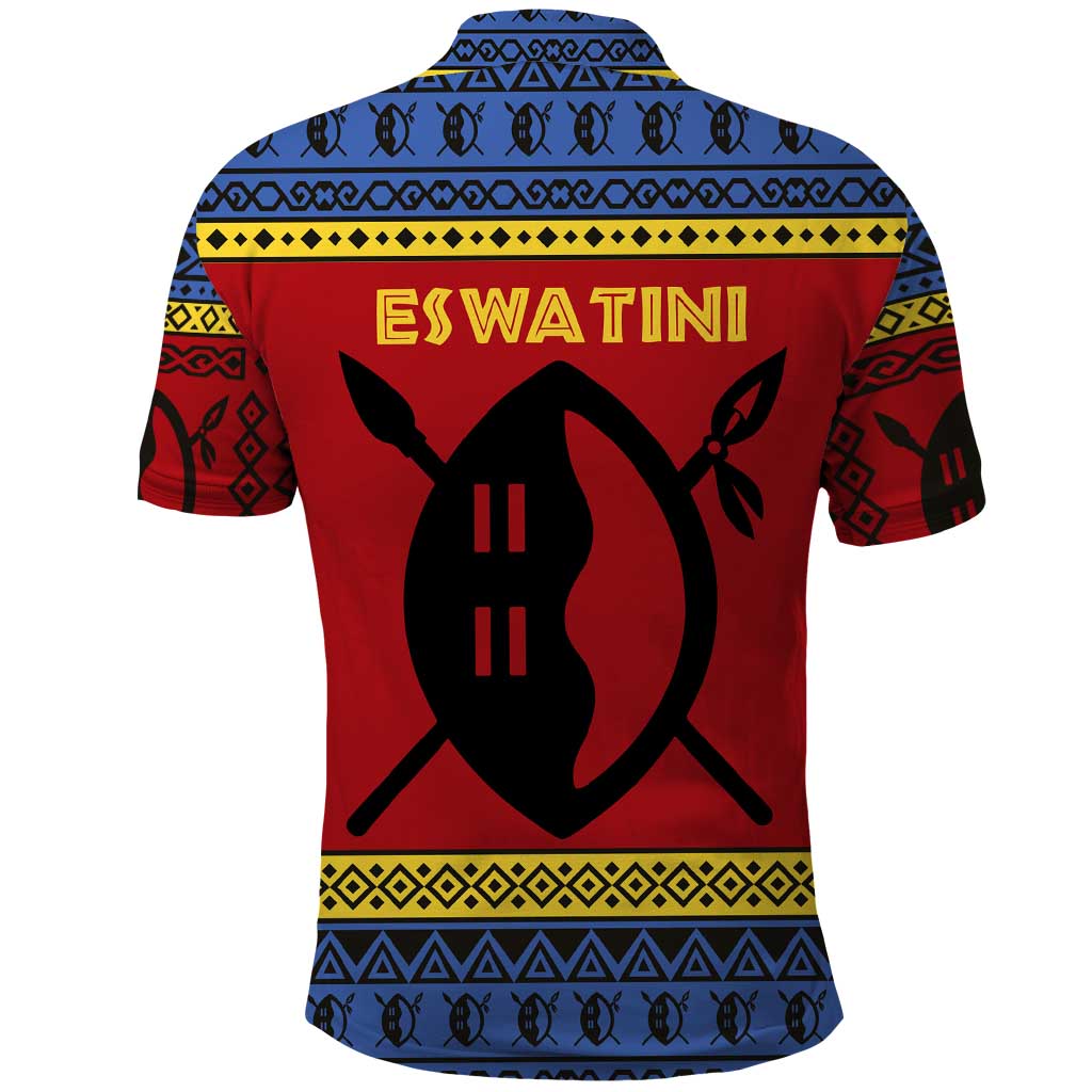 Eswatini Flag Polo Shirt with Traditional Shield Spear and Cultural Pattern Design TS04