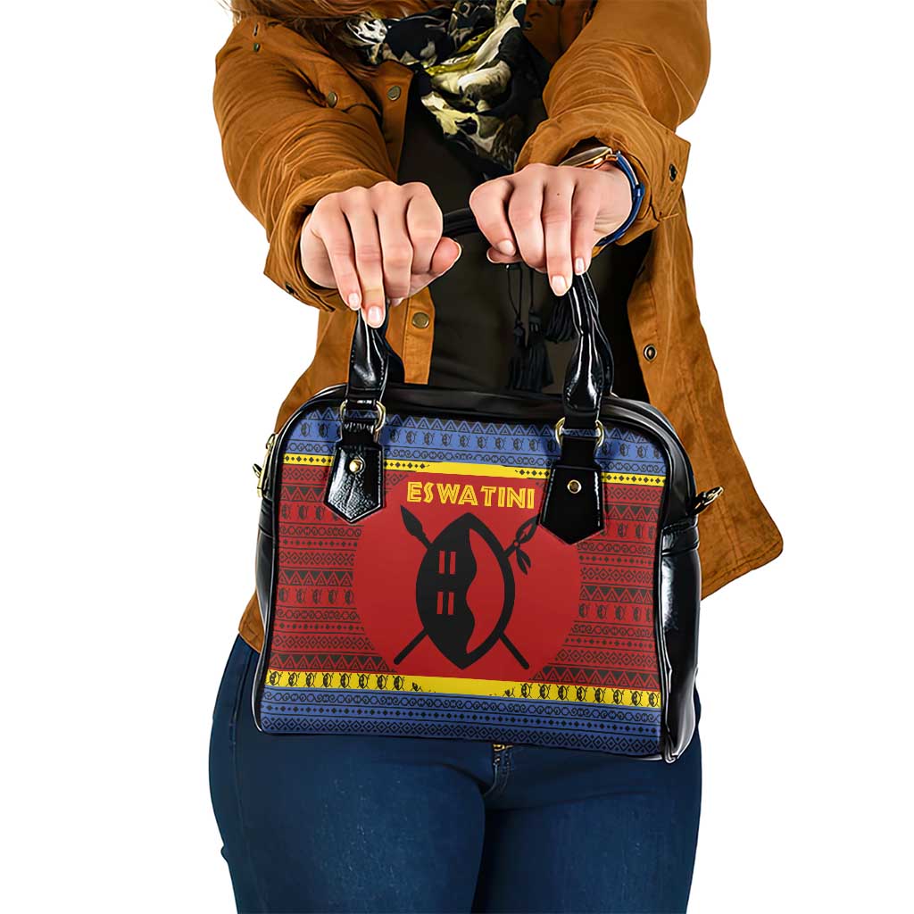 Eswatini Flag Shoulder Handbag with Traditional Shield Spear and Cultural Pattern Design TS04