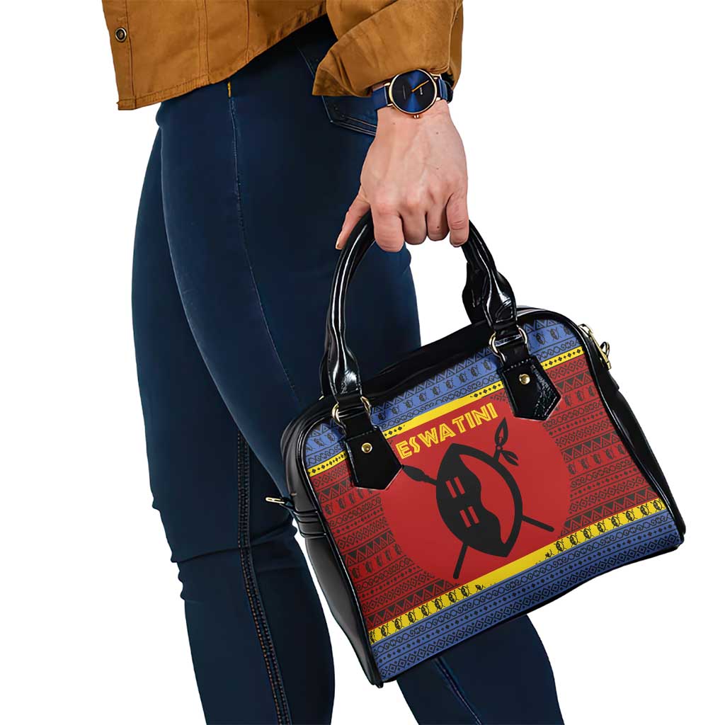 Eswatini Flag Shoulder Handbag with Traditional Shield Spear and Cultural Pattern Design TS04