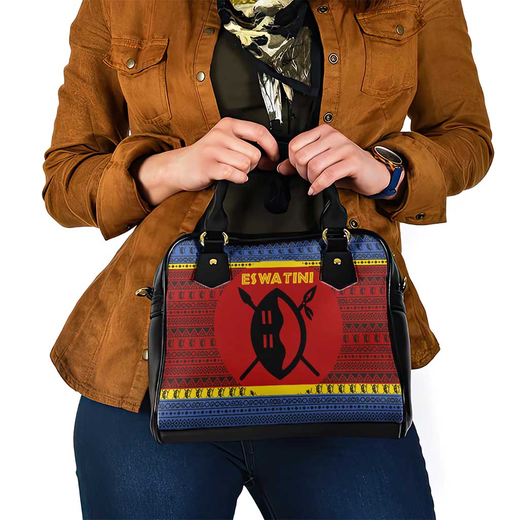 Eswatini Flag Shoulder Handbag with Traditional Shield Spear and Cultural Pattern Design TS04