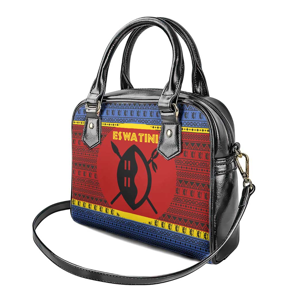 Eswatini Flag Shoulder Handbag with Traditional Shield Spear and Cultural Pattern Design TS04