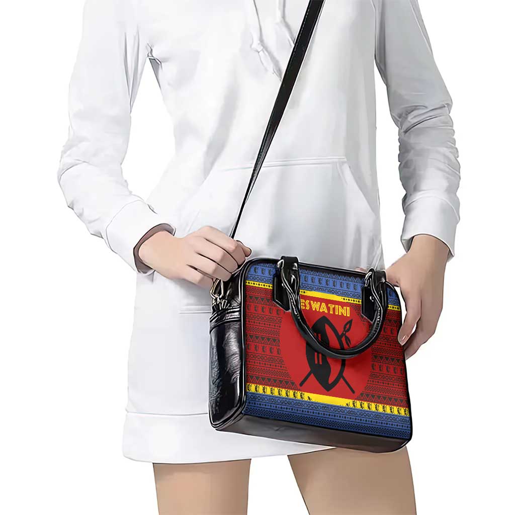 Eswatini Flag Shoulder Handbag with Traditional Shield Spear and Cultural Pattern Design TS04