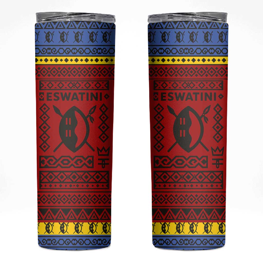 Eswatini Flag Skinny Tumbler Nguni Shield Spear Pattern TS04