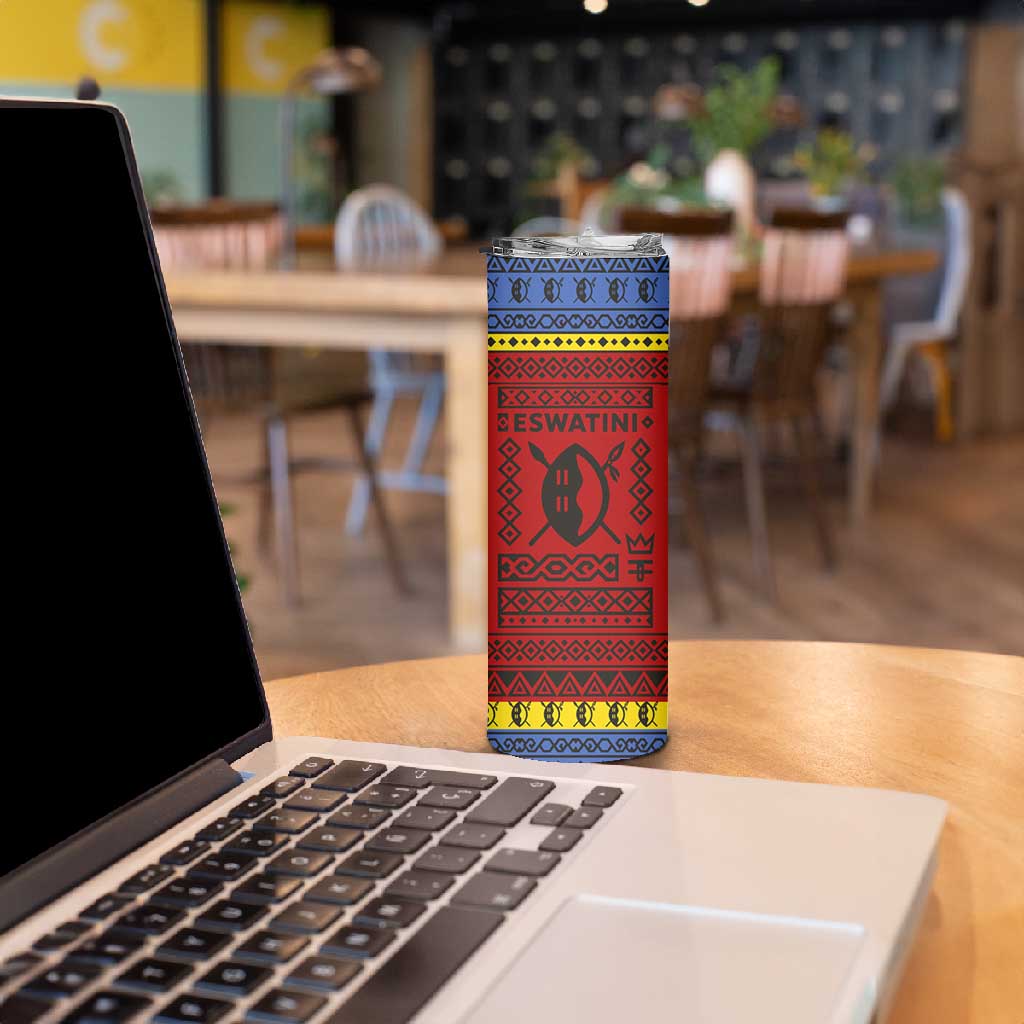 Eswatini Flag Skinny Tumbler Nguni Shield Spear Pattern TS04