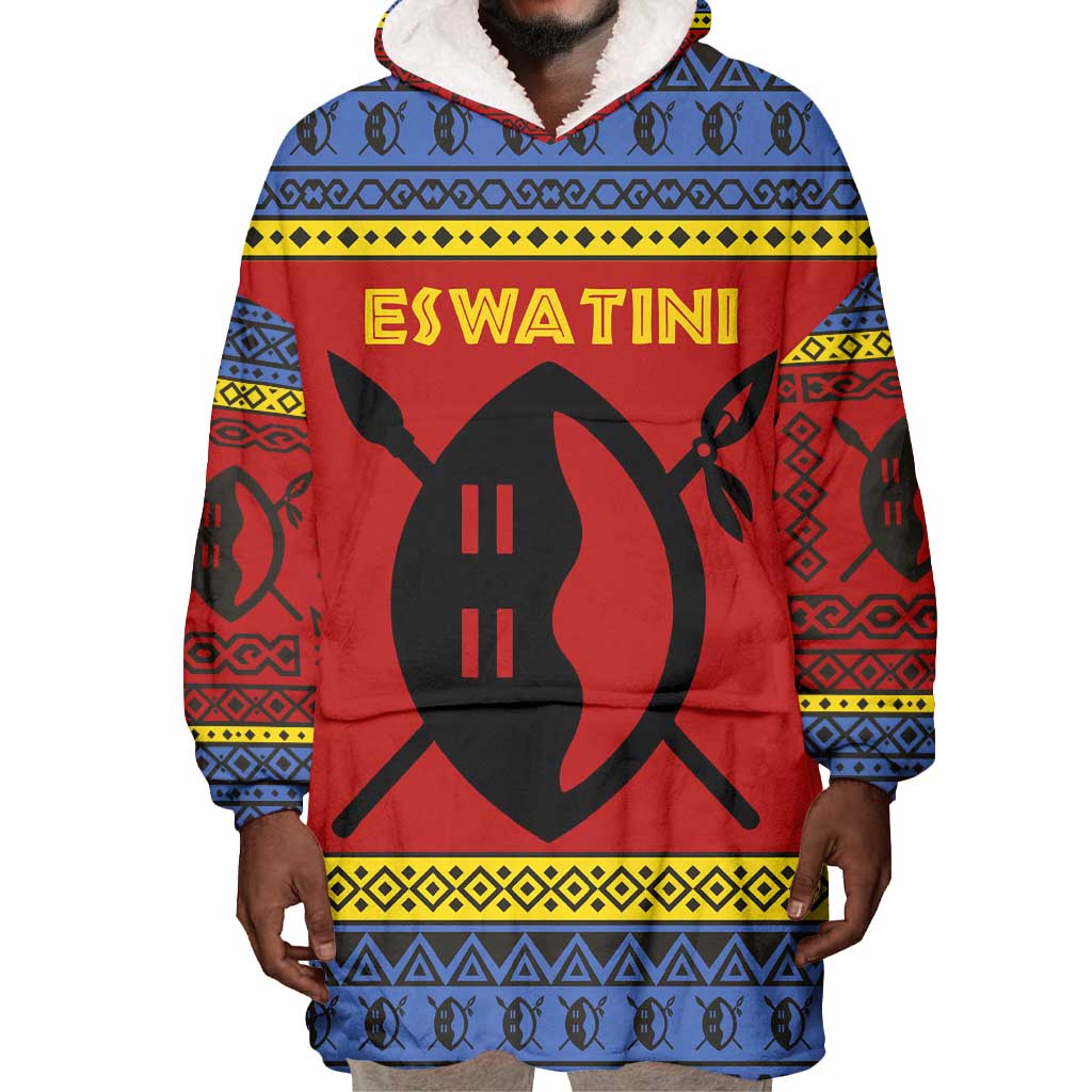 Eswatini Flag Wearable Blanket Hoodie Nguni Shield Spear Pattern TS04