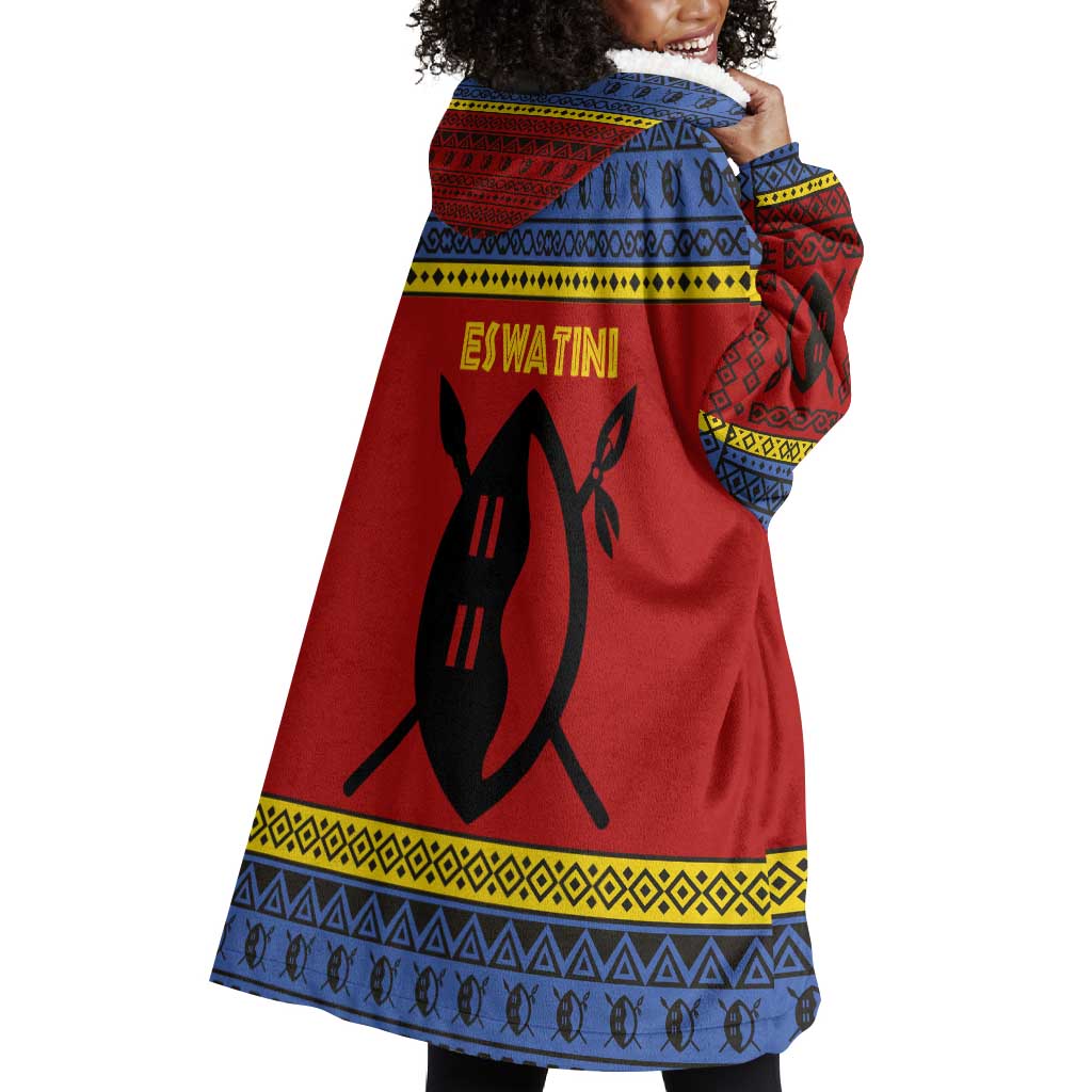 Eswatini Flag Wearable Blanket Hoodie Nguni Shield Spear Pattern TS04