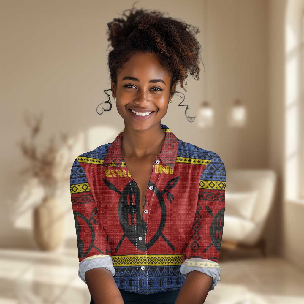 Eswatini Flag Women Casual Shirt Nguni Shield Spear Pattern TS04