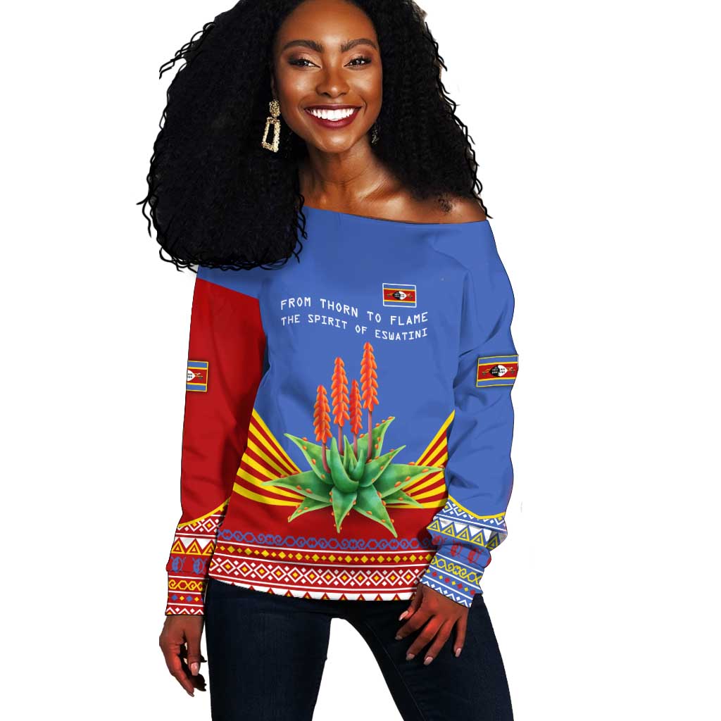Aloe Vera Eswatini Off Shoulder Sweater Flag Print and Cultural Motif From Thorn to Flame TS04