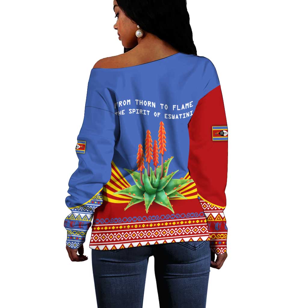 Aloe Vera Eswatini Off Shoulder Sweater Flag Print and Cultural Motif From Thorn to Flame TS04