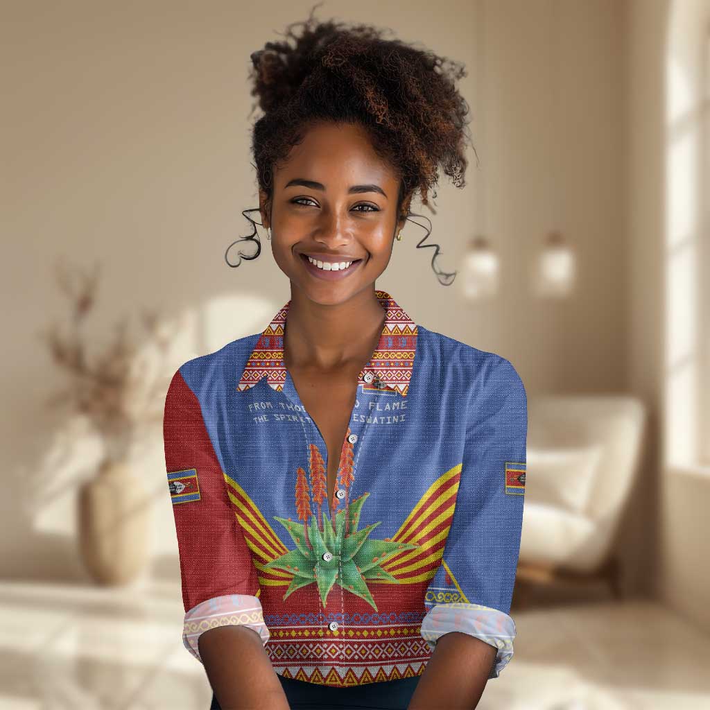 Aloe Vera Eswatini Women Casual Shirt Flag Print and Cultural Motif From Thorn to Flame TS04