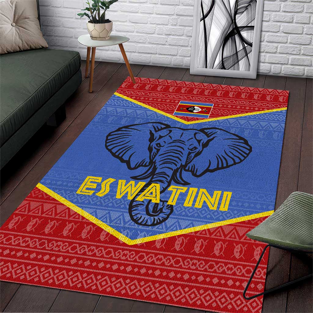 Elephant Eswatini Area Rug Swaziland Shield Tribal Pattern and National Flag TS04