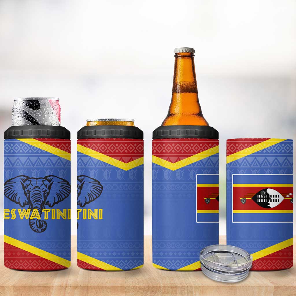 Elephant Eswatini 4 in 1 Can Cooler Tumbler Swaziland Shield Tribal Pattern and National Flag TS04